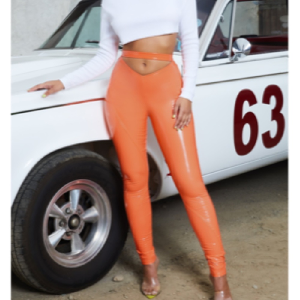 Oh Polly Vinyl High Waisted Cut Trousers - Orange